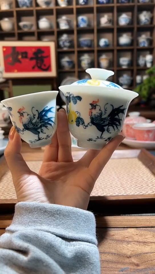 【闪购商品】手绘葫芦鸡二才盖碗+送主人杯