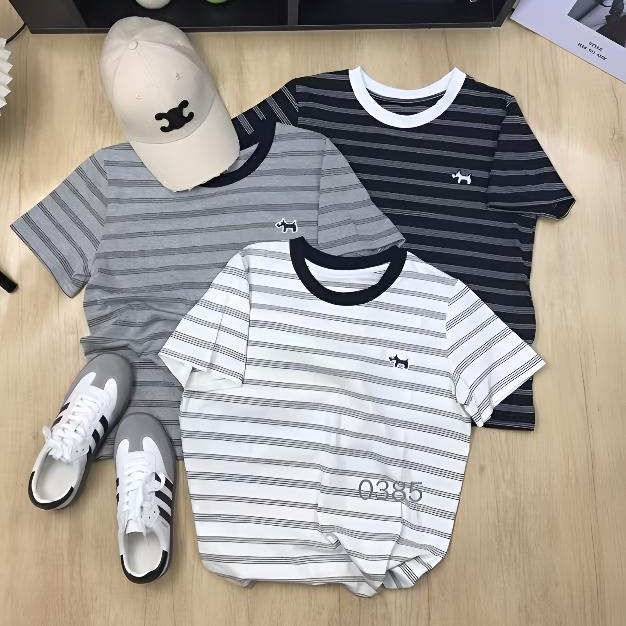 夏季新款设计感细条纹刺绣圆领短袖女T恤高级感百搭上衣