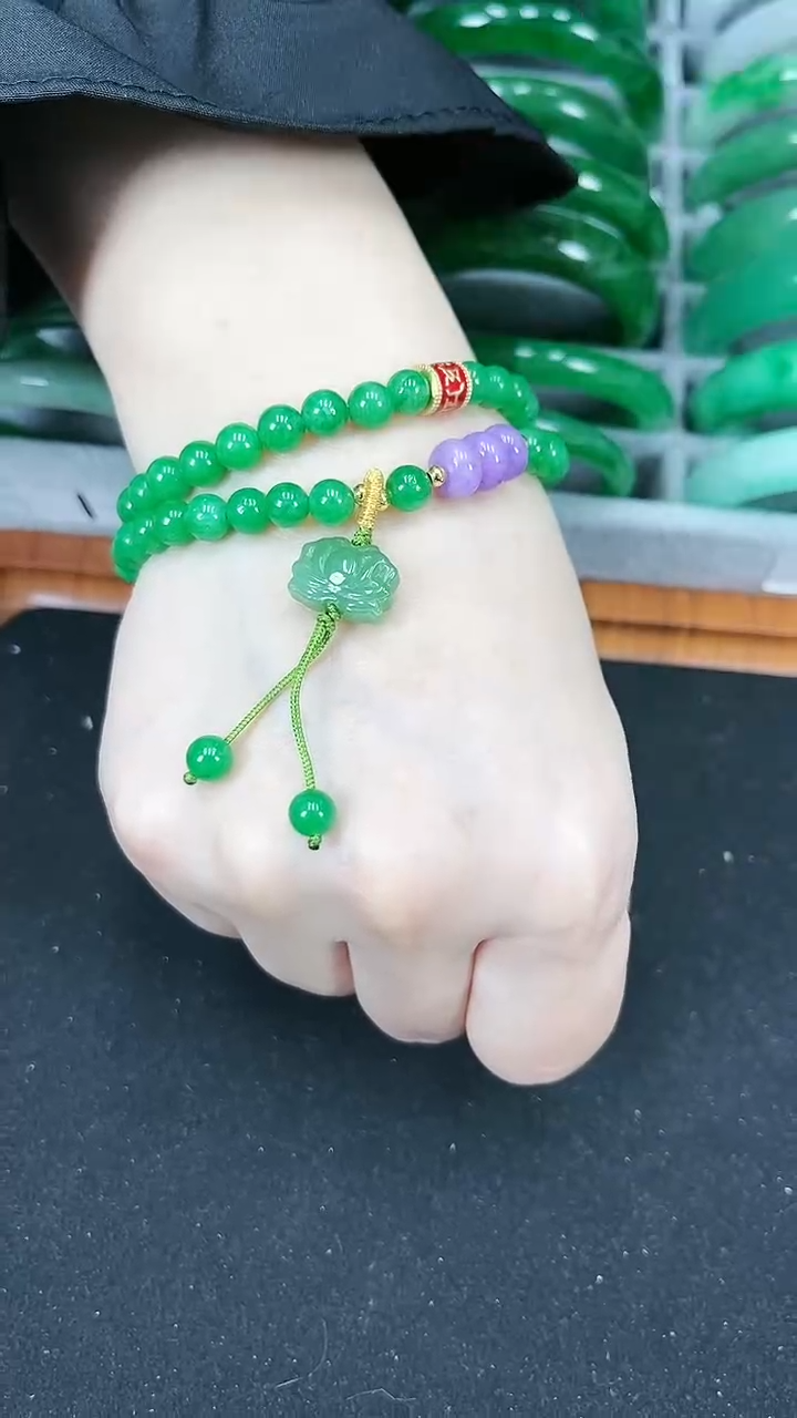 【闪购商品】翡翠手链未镶嵌s6 冰辣阳绿双圈手链