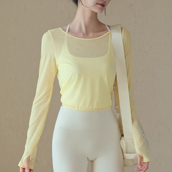 瑜伽服女春夏百搭镂空美背健身服长袖T恤训练运动长袖罩衫