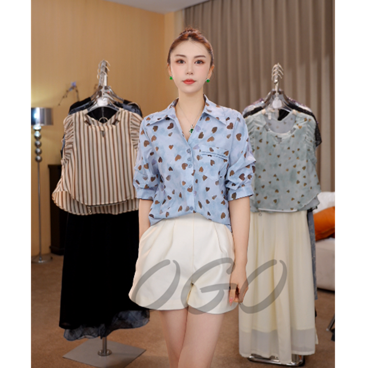 G7203复古爱心印花气质短袖衬衫女夏2025新款衬衣独特漂亮上衣