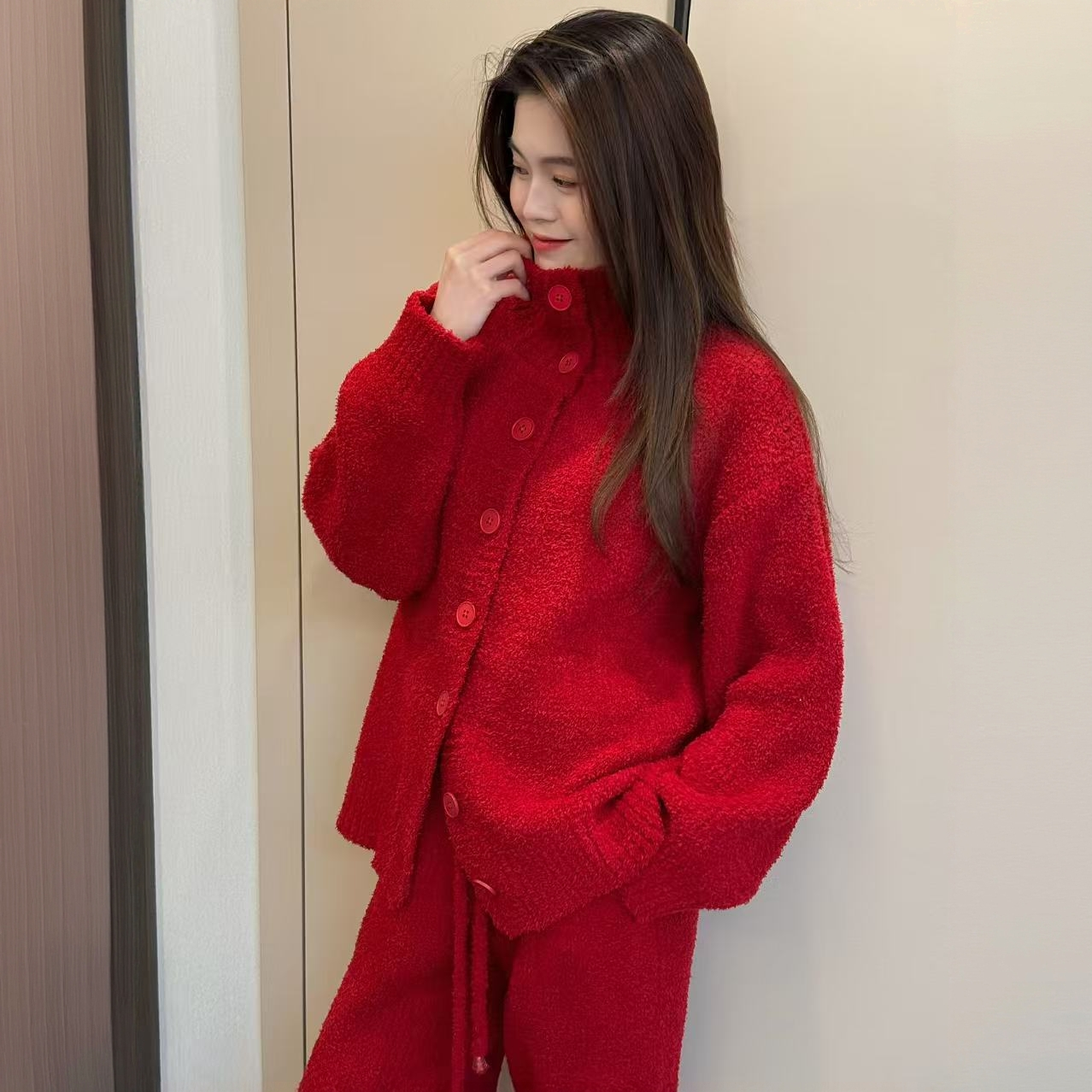 半边绒睡衣立领开衫套装小香风纯色加厚翻领秋冬可秋冬服装