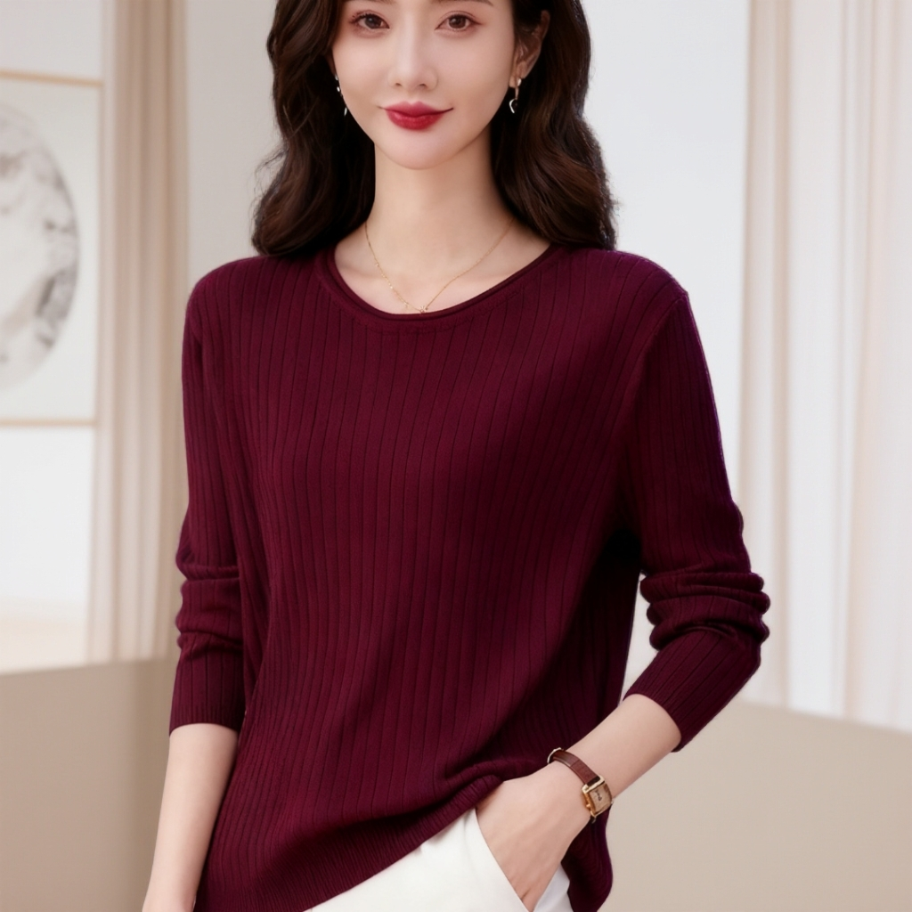 冬季圆领长袖早秋款洋气简约百搭毛针织衫宽松休闲常规款女装显瘦