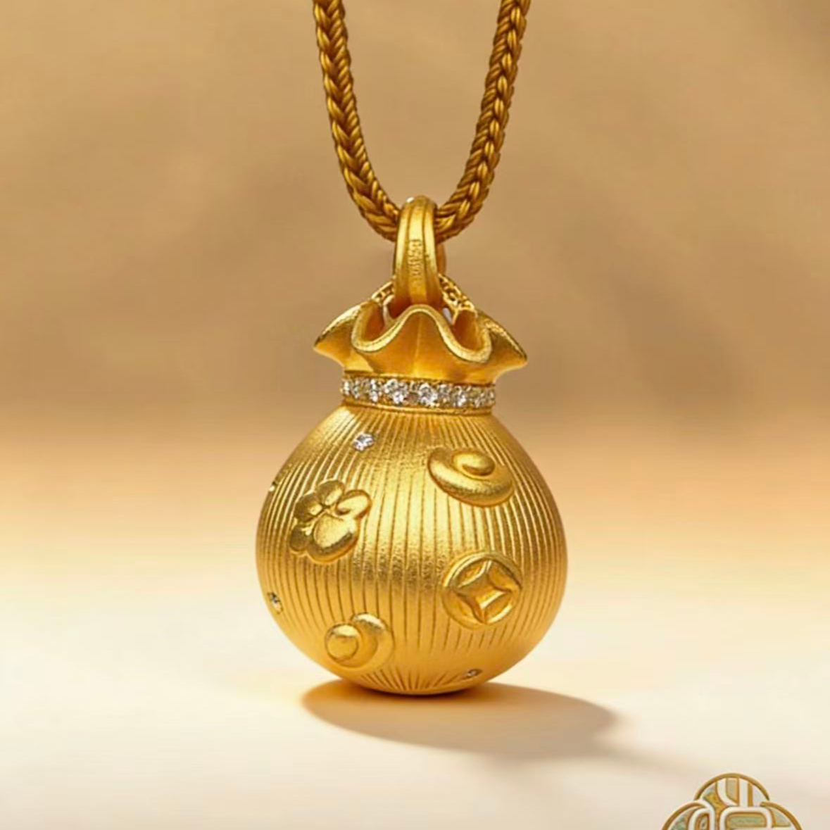 中国珠宝 吊坠足银 招财福袋吊坠镶钻国风铜钱梅花轻奢百搭饰品JA