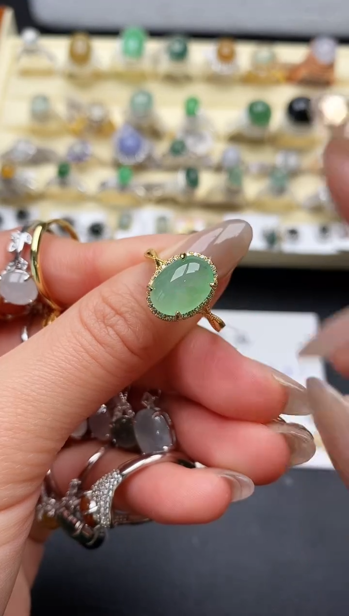 【闪购商品】翡翠戒指银S925镶嵌缅甸天然A货翡翠222   4-10