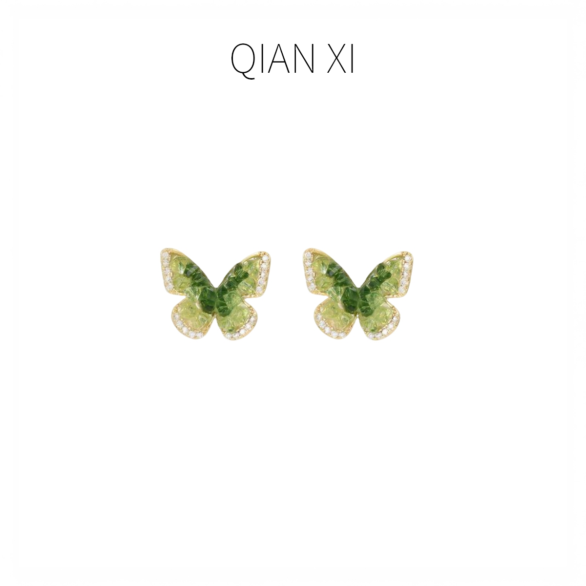 铜合金锆石耳饰 QIAN XI S925银针 轻奢法式耳环绿锆石蝴蝶耳钉