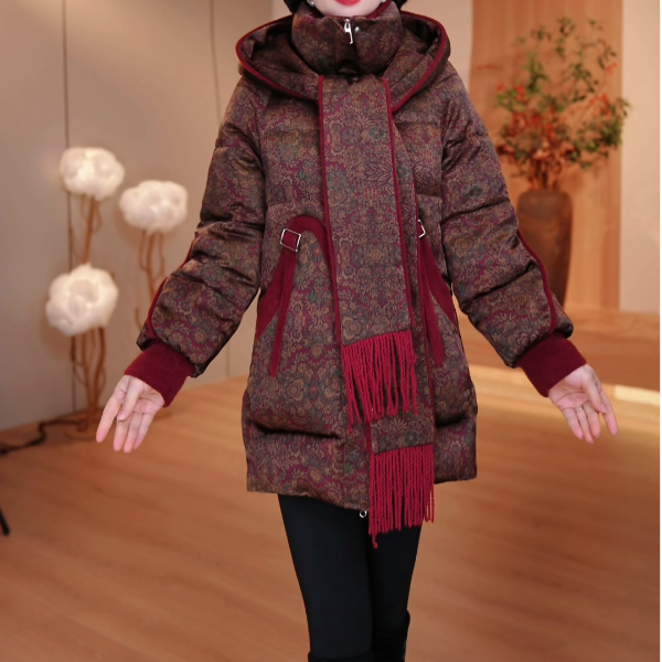 冬款外套长款女装拼接连帽时尚洋气知性优雅宽松保暖 FY-1607