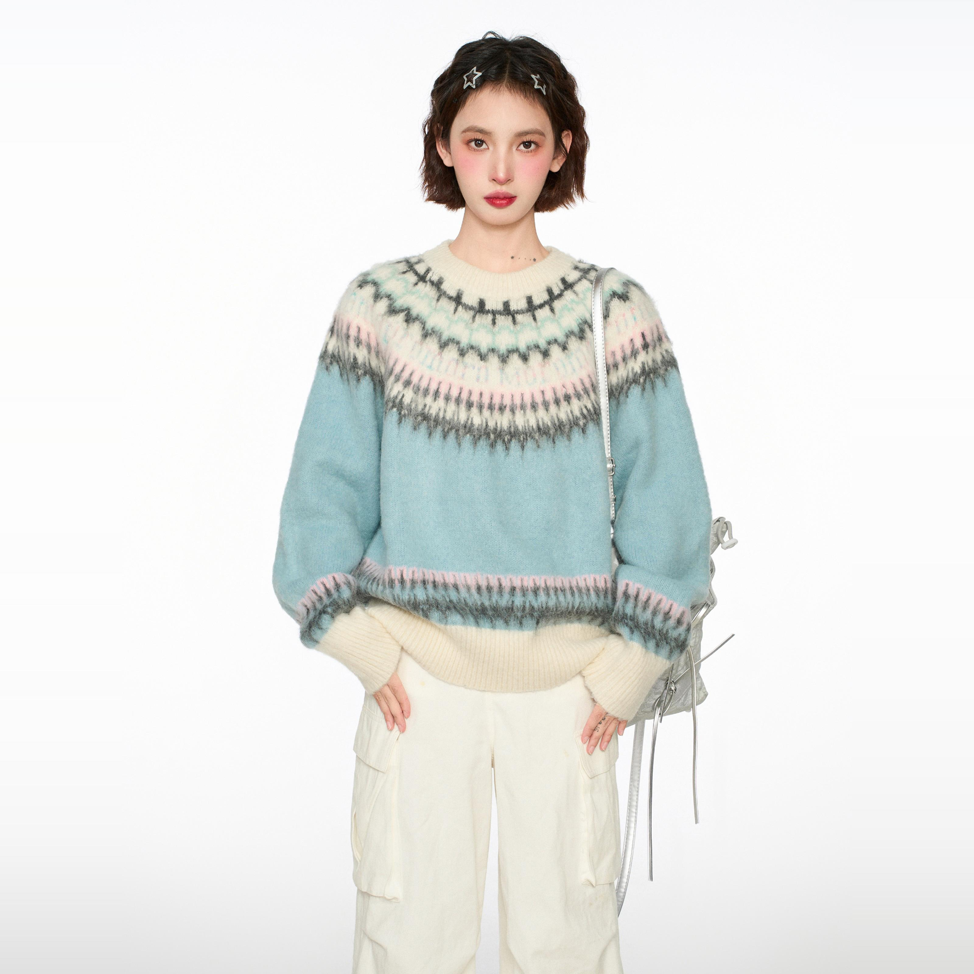 费尔岛蓝色针织毛衣女秋冬冬季加厚2025新款宽松慵懒外穿套头上衣