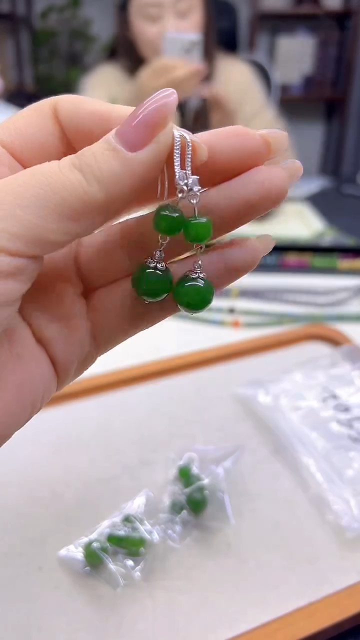 银S925镶嵌和田玉耳饰DIY款E902
