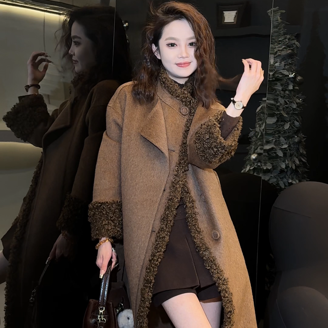 【佩吉】气质时尚百搭秋冬保暖颗粒长款羊毛大衣外套120362