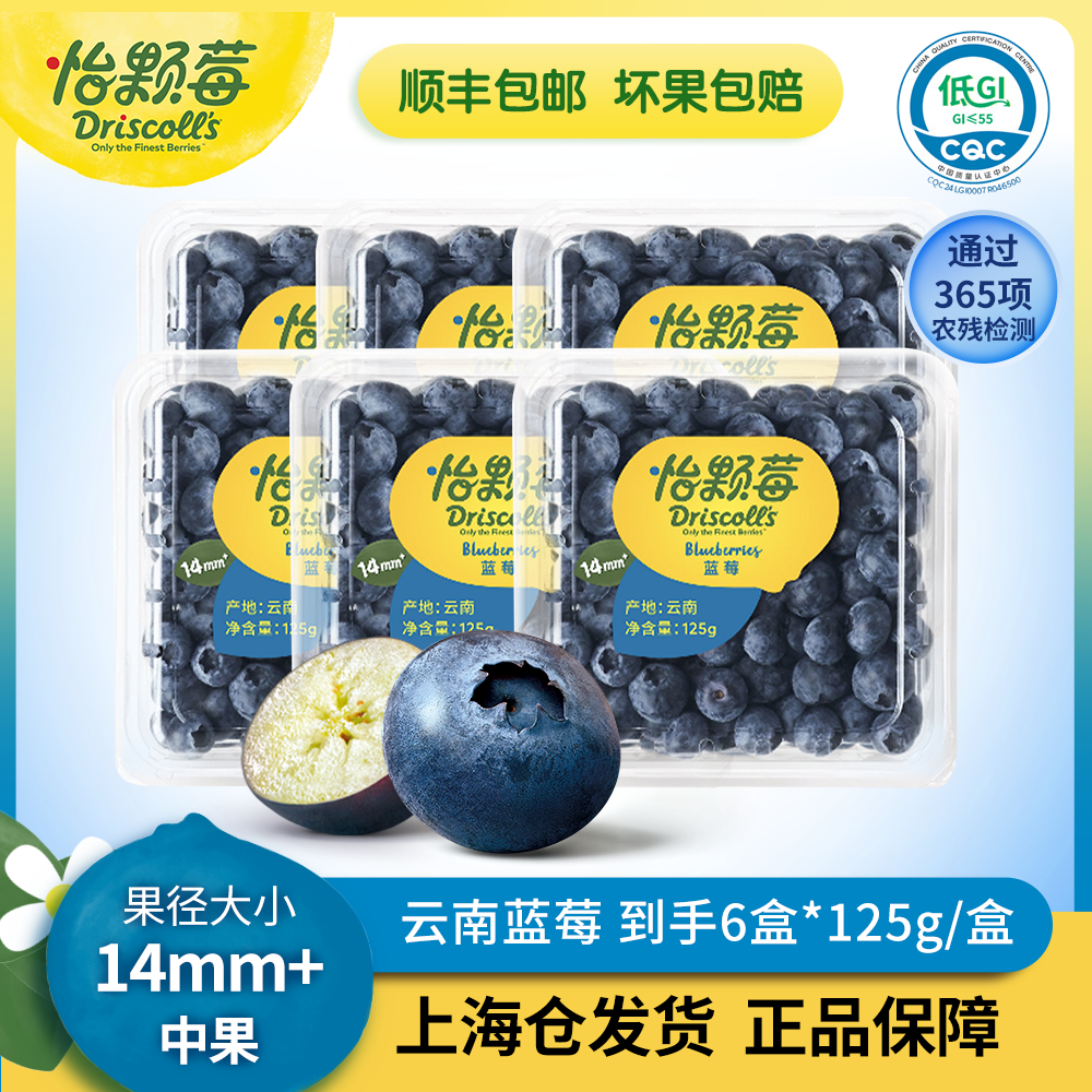 云南新鲜花香蓝莓水果（中果14mm＋）6盒*125克/盒