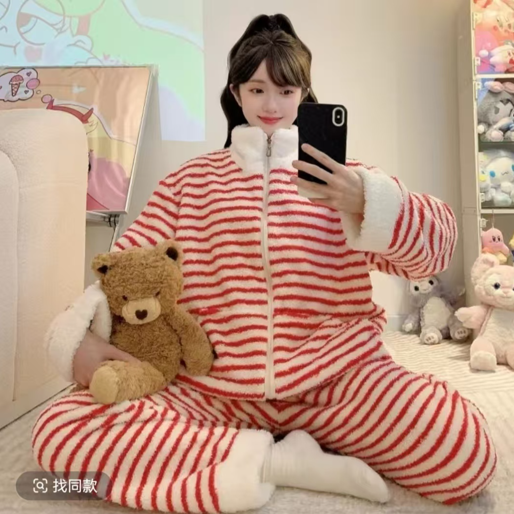 【红色条纹】韩版睡衣女秋冬季新款休闲加绒珊瑚绒家居服套装77799