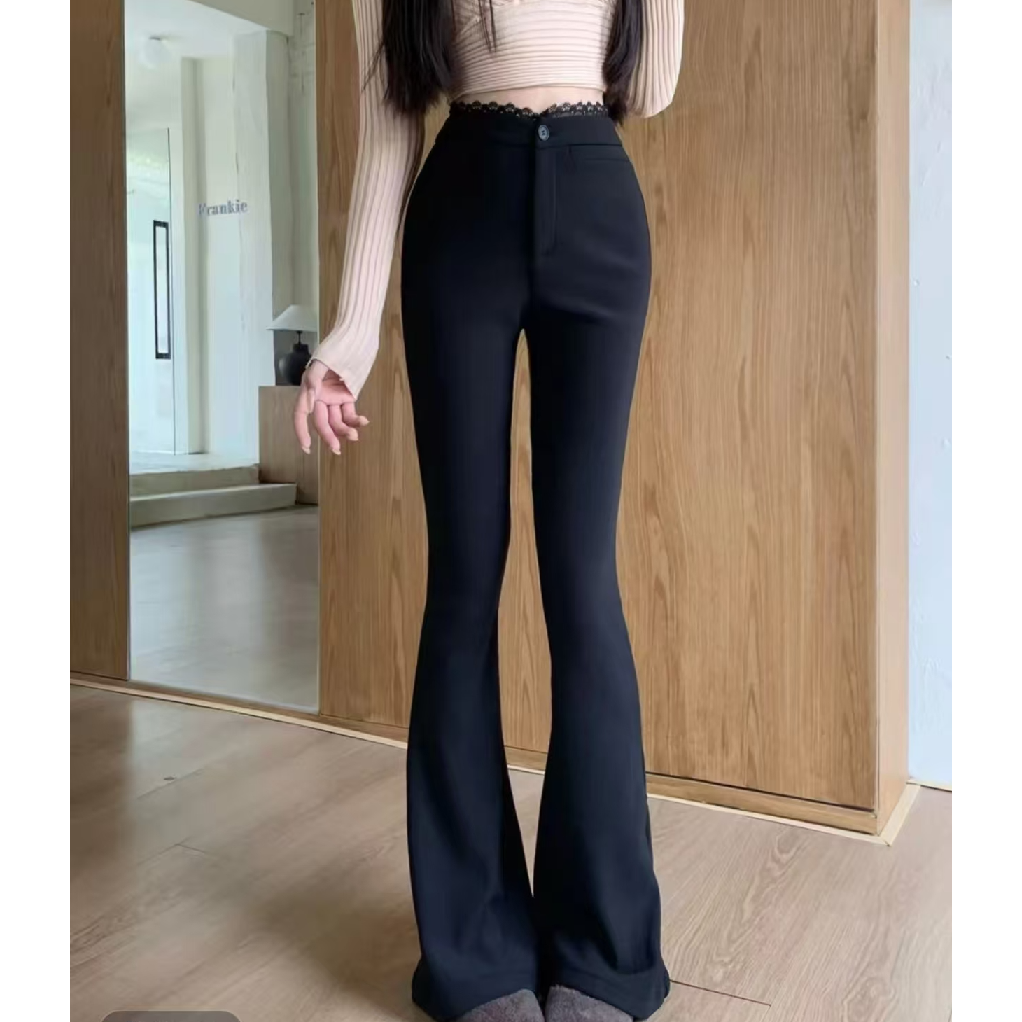 设计感拼接蕾丝西装微喇裤女秋冬加绒高腰修身显瘦垂感休闲拖地裤