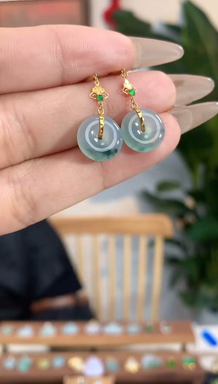 【闪购商品】翡翠耳饰18K金镶嵌平安扣