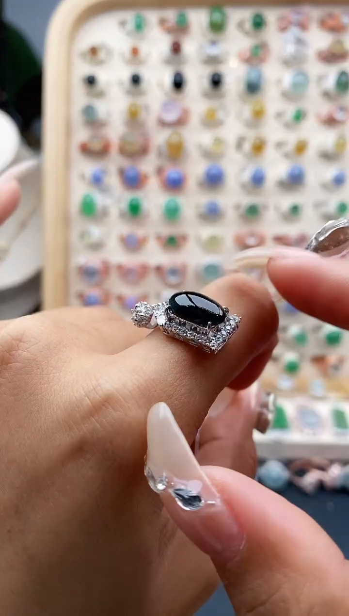 【闪购商品】翡翠戒指银S925镶嵌缅甸天然A货翡翠555  2+9