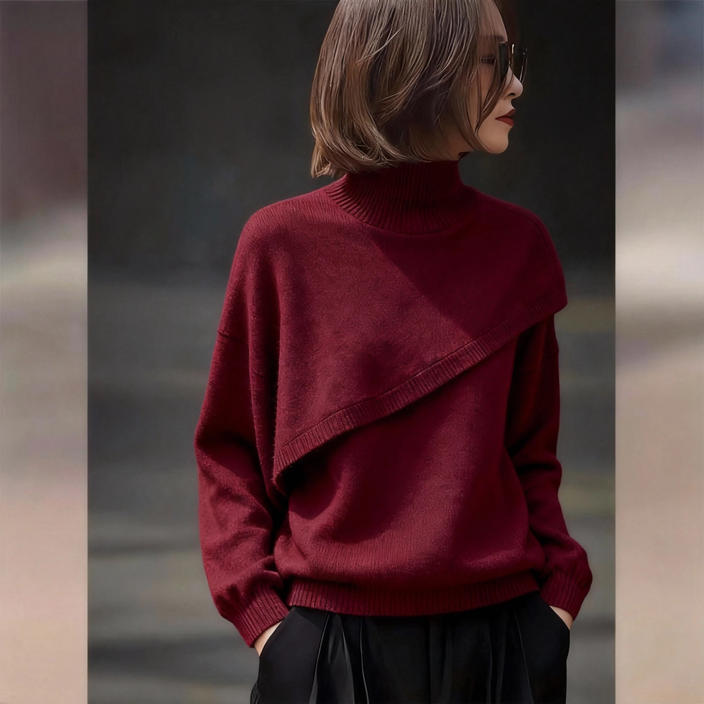 独特小众酒红色高领上衣冬季2025新款法式气质斜开叉设计感针织衫