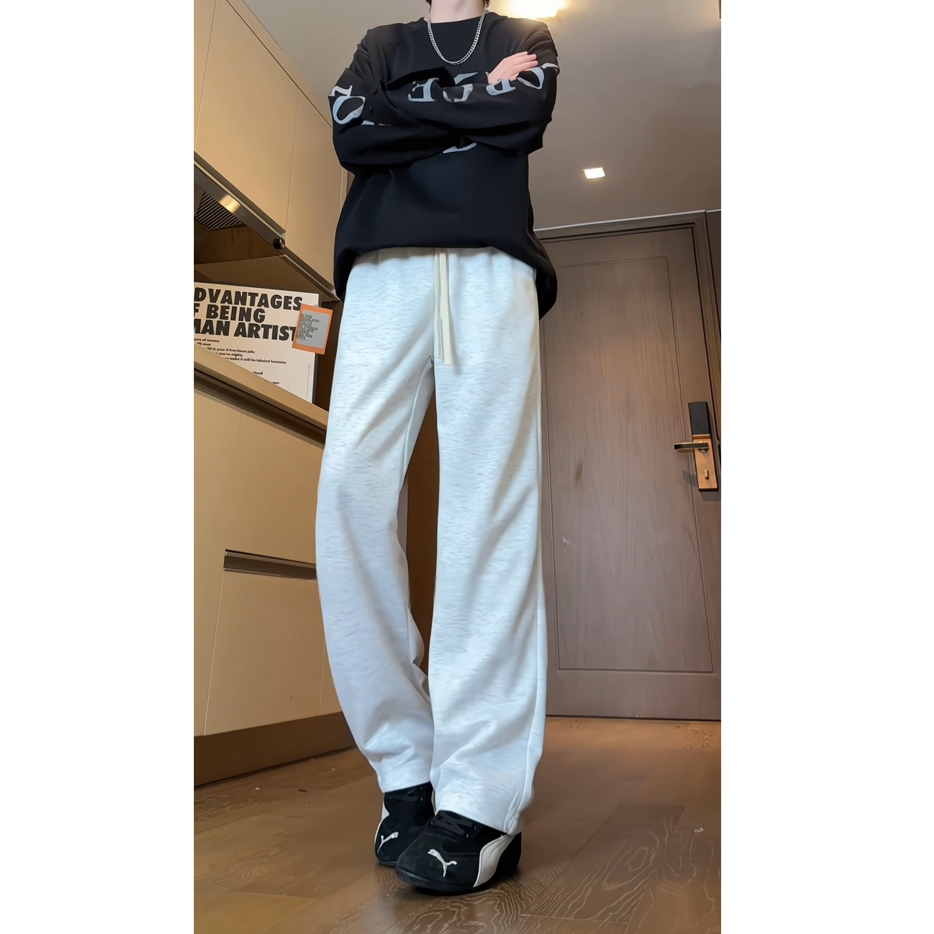 百搭白花灰秋冬加绒直筒卫裤中性风垂感显瘦阔腿裤宽松休闲运动裤