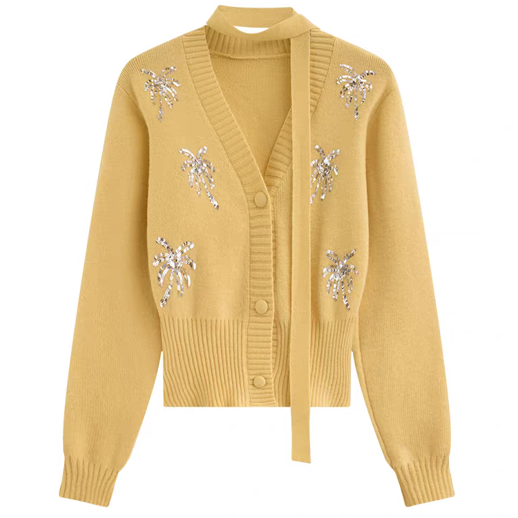 V领亮片绑带开衫毛衣 815222