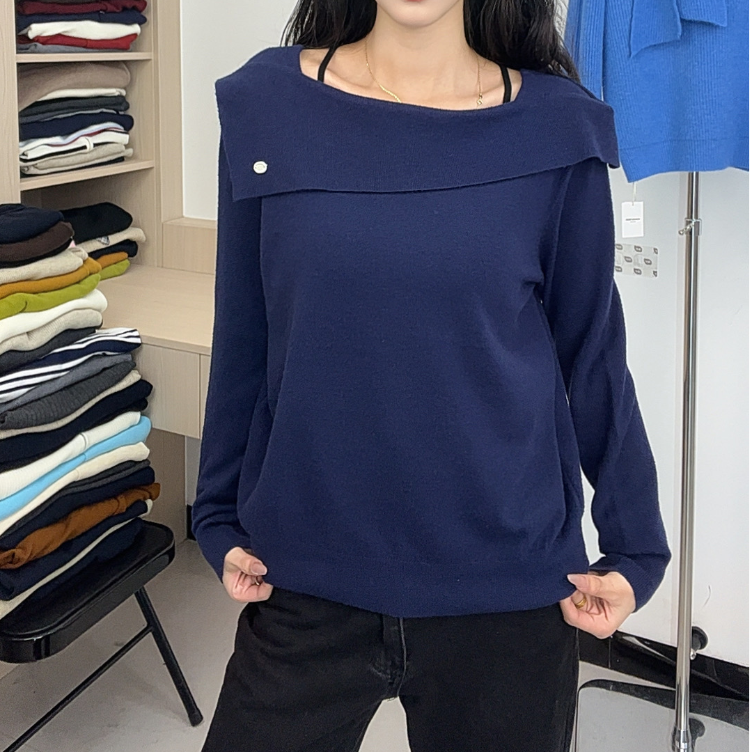 休闲风一字领拼色女针织毛针织衫休闲套头宽松气质