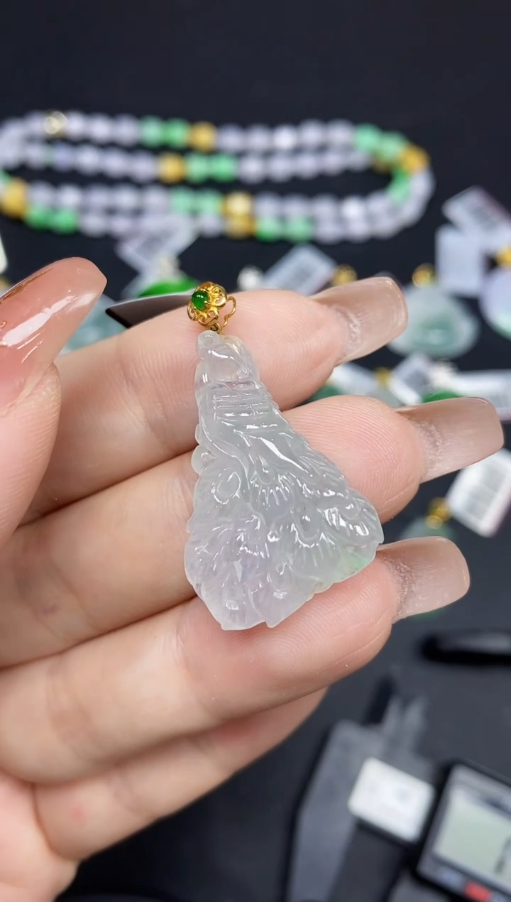 吊坠(不含链)18K金镶嵌翡翠孔雀18K金扣镶嵌@@CMT1572-21