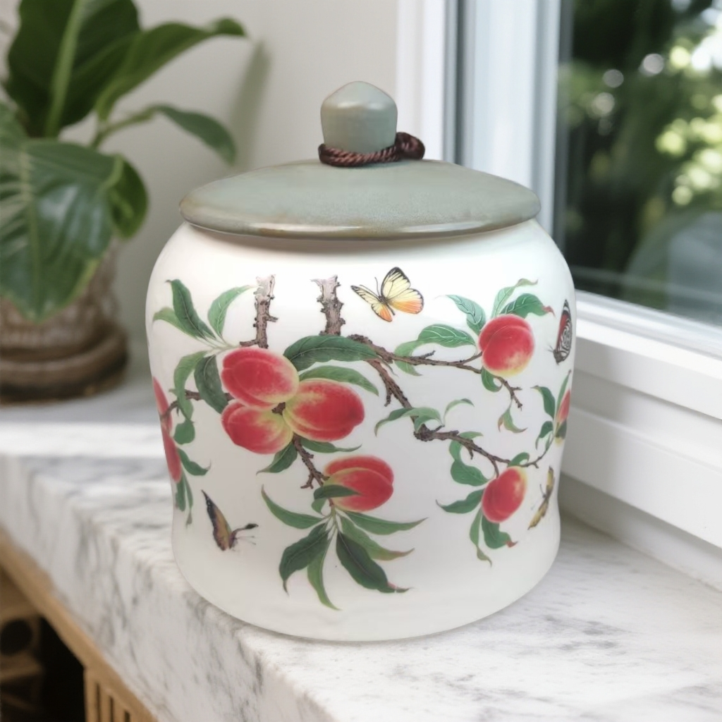 九桃五福大容量陶瓷茶叶罐密封醒茶专用