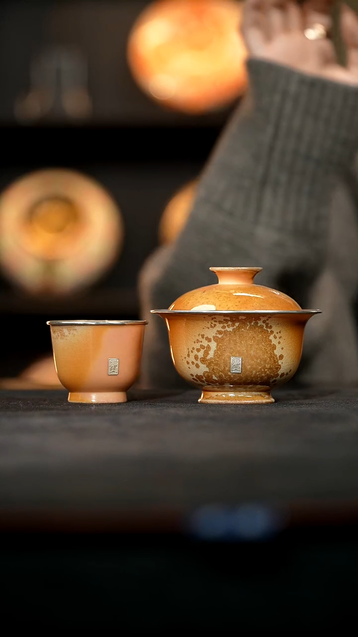 厚山柴烧金丝楠木落灰盖碗套组【镶银】