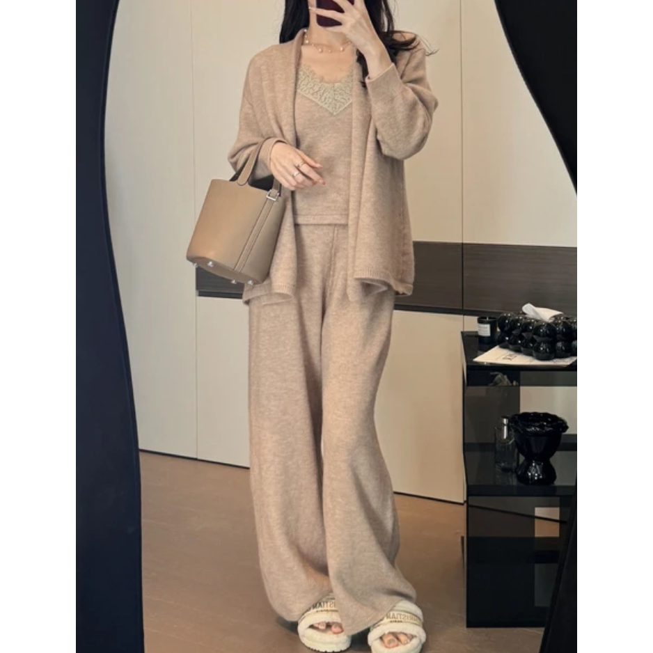 【针织开衫＋蕾丝吊带＋阔腿裤】秋季新款名媛风纯色女士三件套