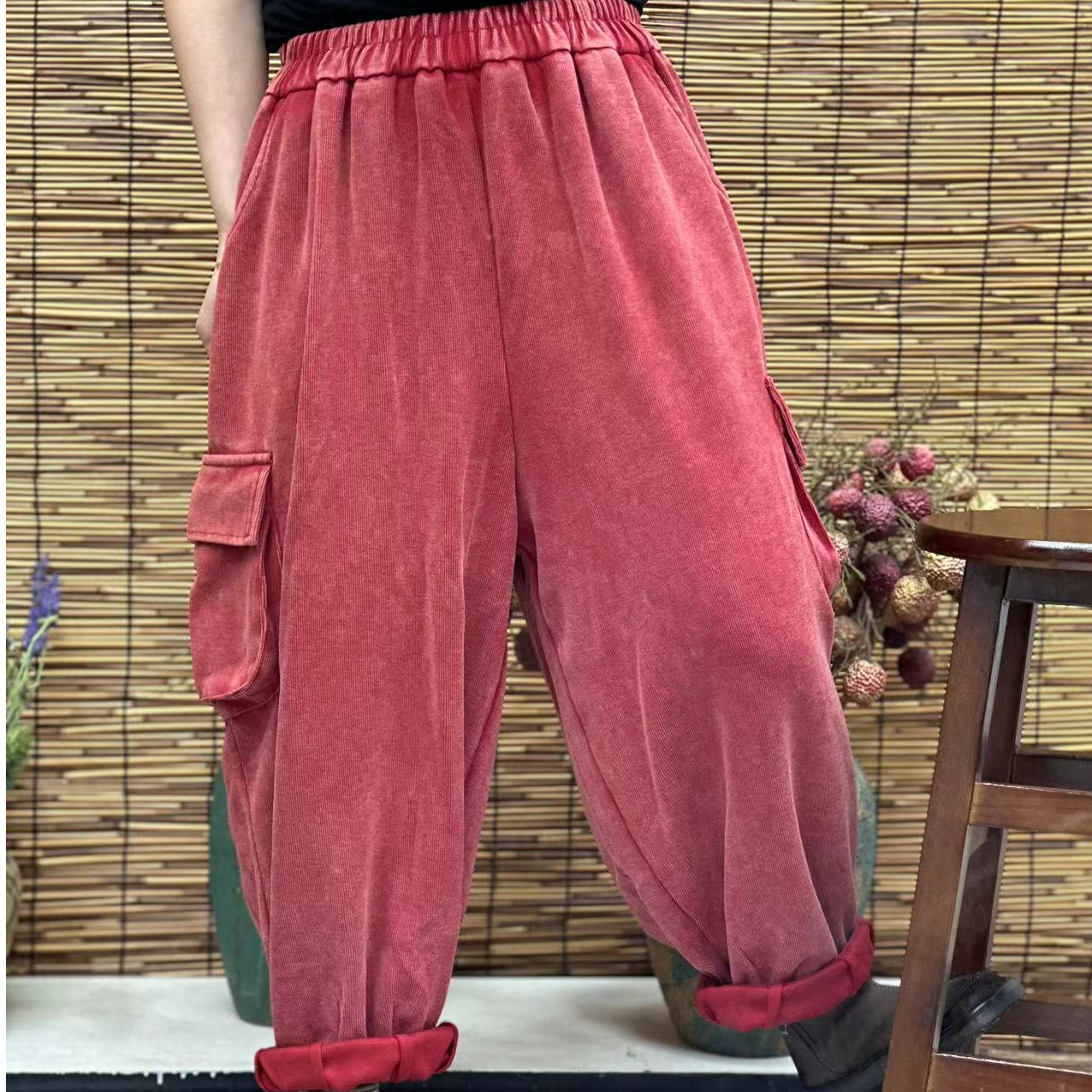 HY   1061炒色两边翻边口袋工装卫裤