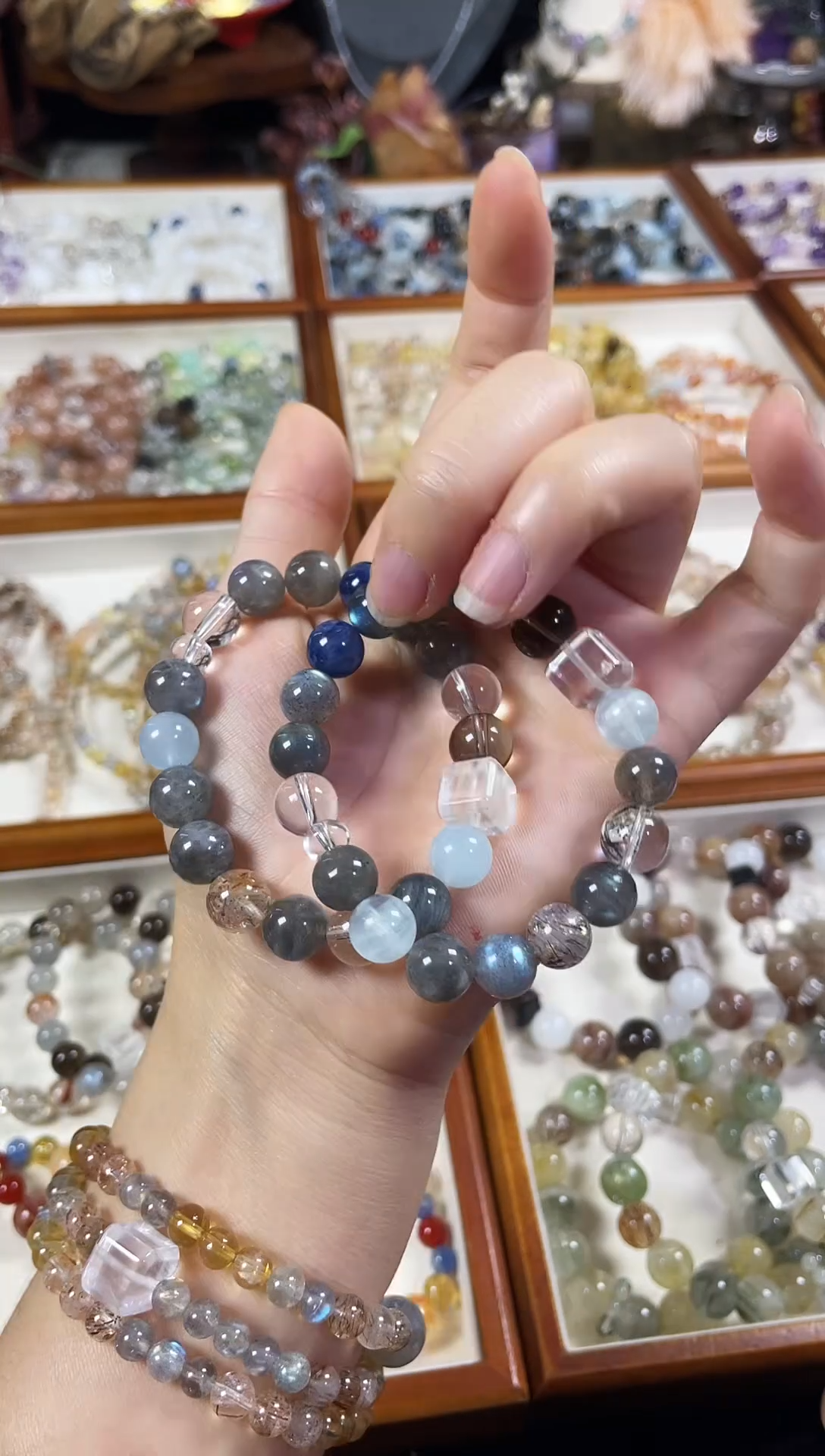 未镶嵌手串水晶天然灰月光海蓝宝蓝晶石多宝手串