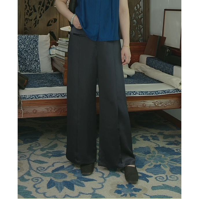 品叔&高定·桑蚕丝重缎莨绸香云纱设计直筒长裤