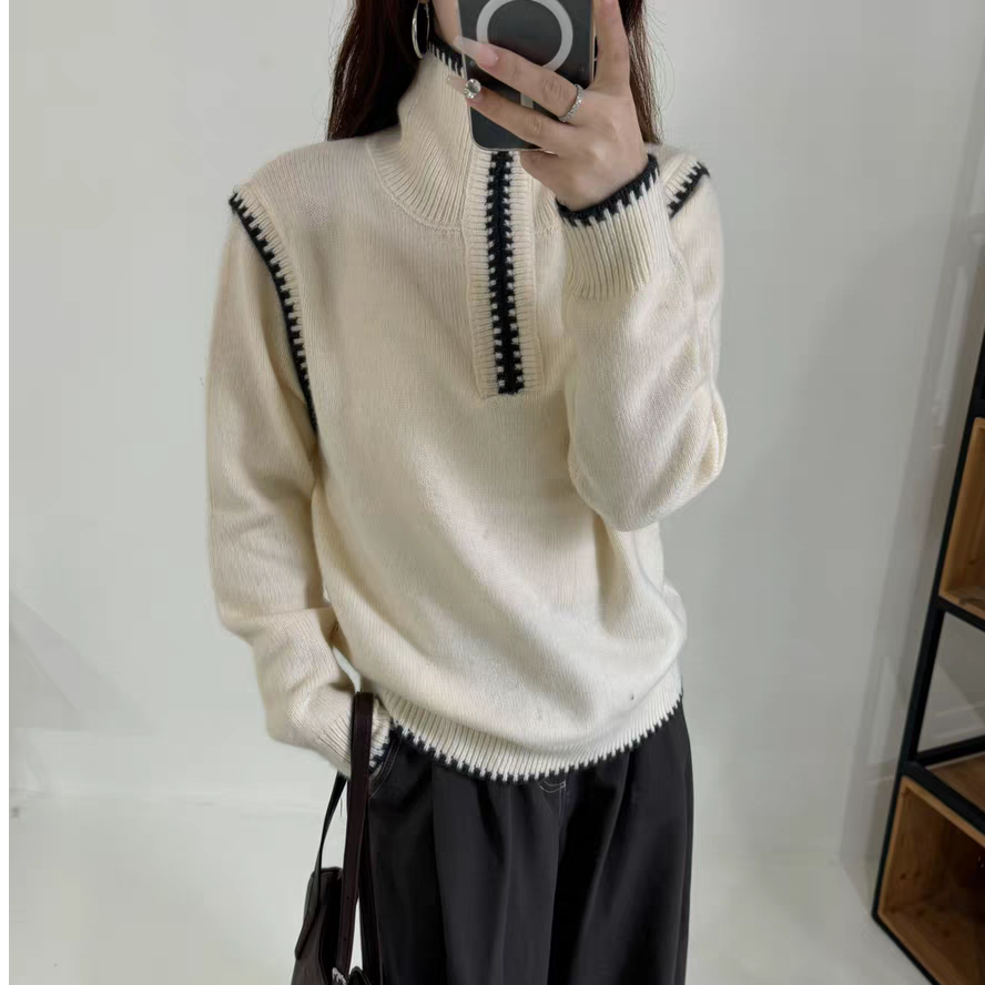 【晴晴精选】法式木耳边半高领宽松针织衫女秋冬新款减龄B151#