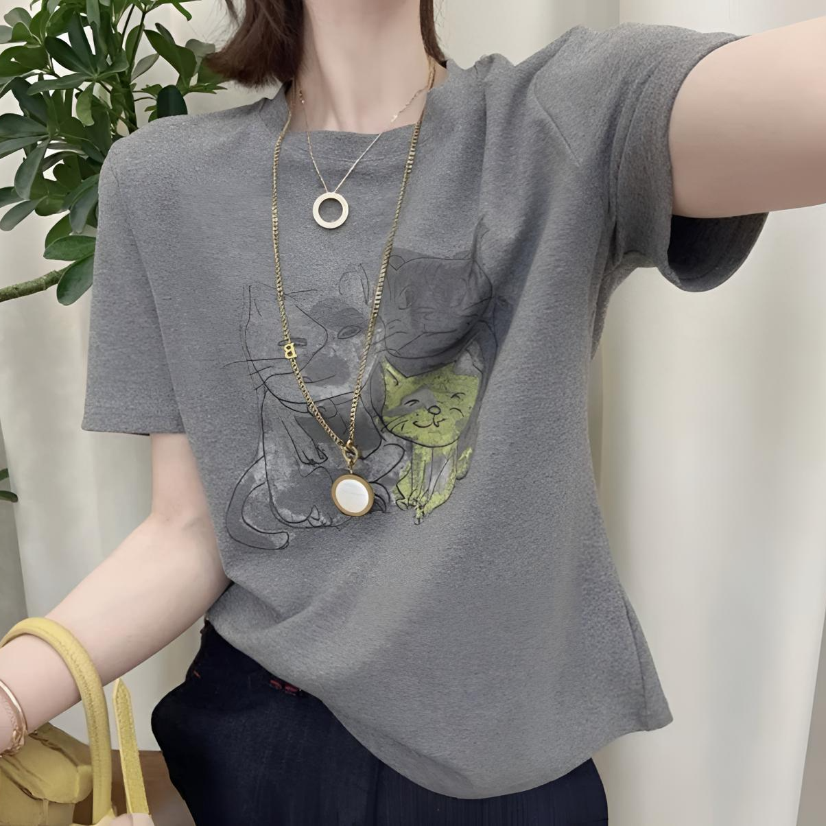 【直喷猫咪】新款韩版休闲百搭修身时尚女卡通猫咪圆领短袖T恤 