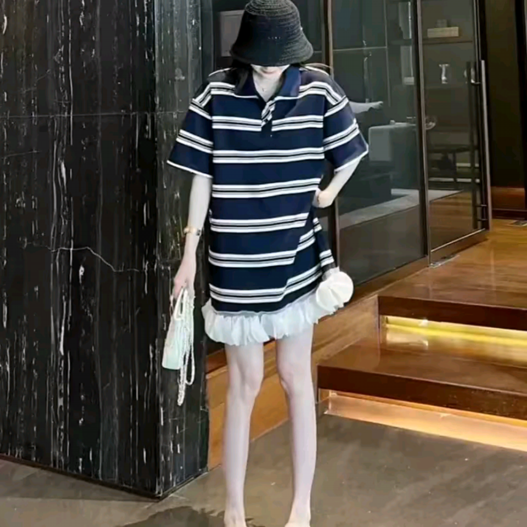 时尚洋气 夏季新款休闲通勤拼接蕾丝边撞色翻领条纹短袖连衣裙