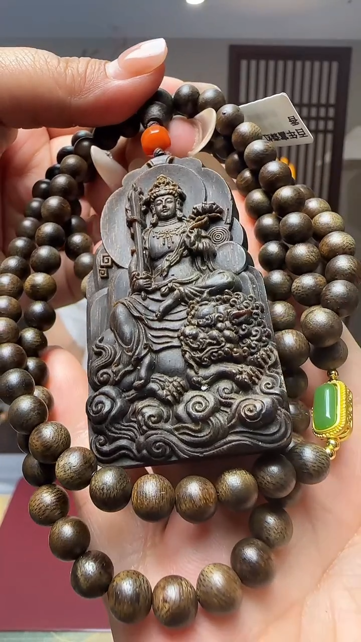 木质925银I 甄选好物普贤双面雕刻富森红土沉大料牌子吊坠