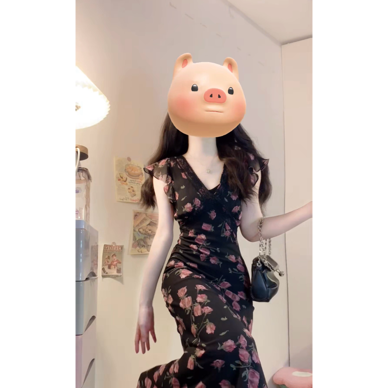 大码【玫瑰物语】高级感V领蕾丝拼接碎花连衣裙收腰显瘦气质长裙子