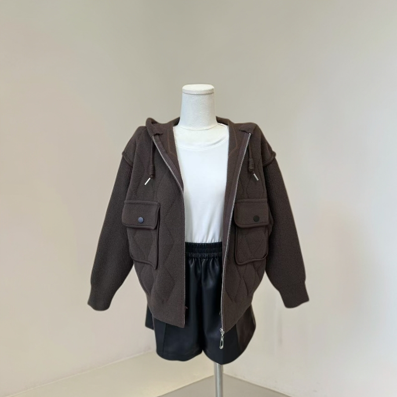 34619连帽拼接毛呢外套女款时尚百搭简约显瘦外套