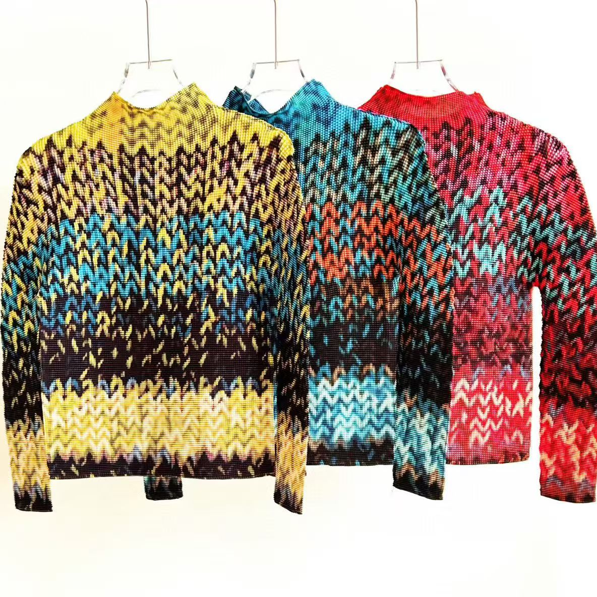 新款印花褶皱秋季亲肤条纹女士T恤花色网红打底衫女士