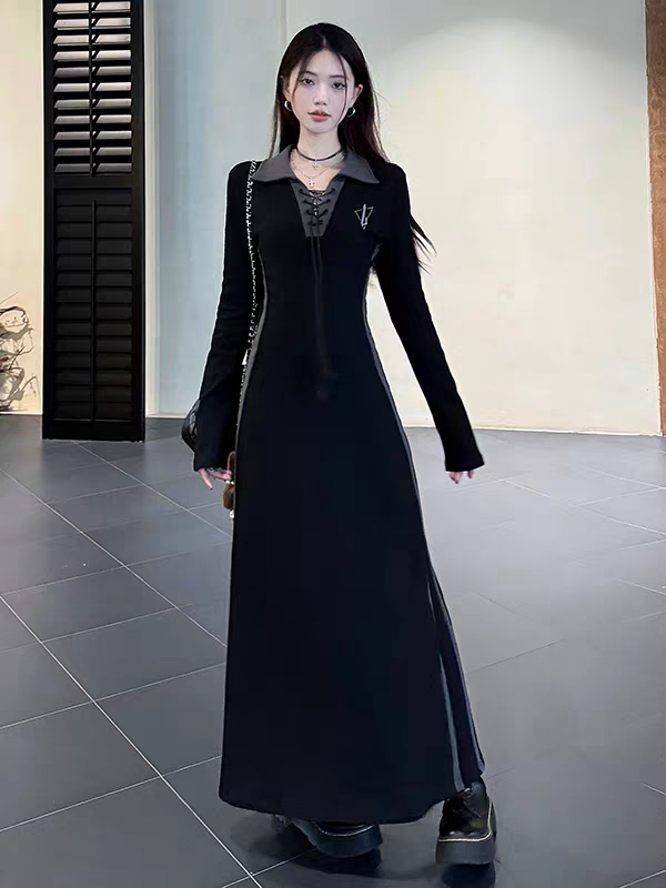 大码法式设计感长袖polo领连衣裙女秋季胖MM显瘦别致长款裙子1945