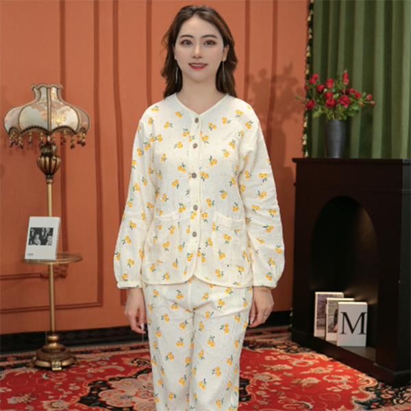 25年新品双层棉纱长袖黄金樱桃款家居服睡衣女士田园风套装ALL