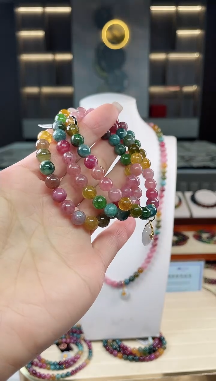 未镶嵌老矿碧玺彩虹三圈手串7mm+碧玺多样性发一条 T