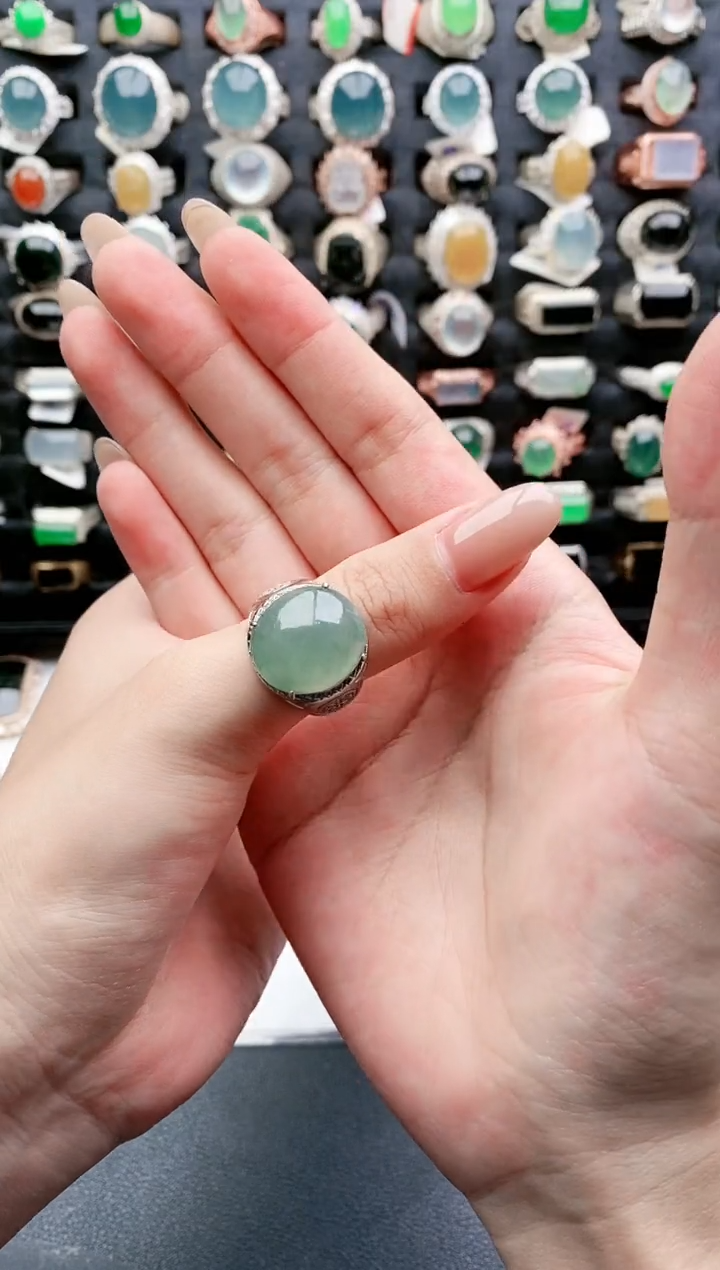 【闪购商品】翡翠戒指银S925镶嵌天然翡翠时尚男戒