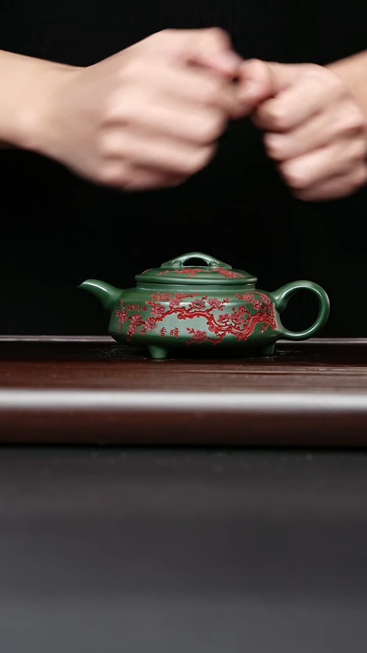 紫砂壶宜兴紫砂 双线竹鼓 民国绿泥 梅付春