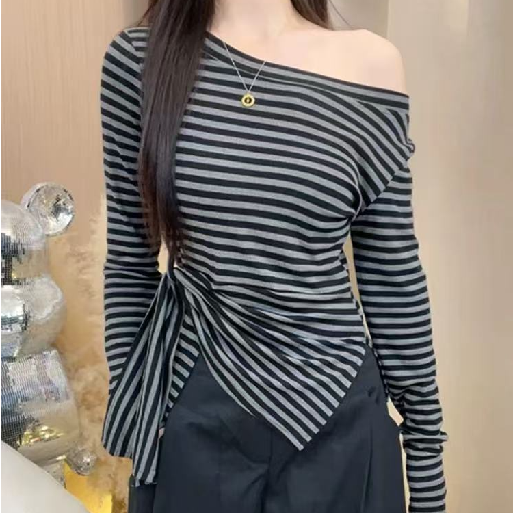 韩系条纹不规则开叉斜肩长袖T恤女装早秋收腰设计感上衣99796