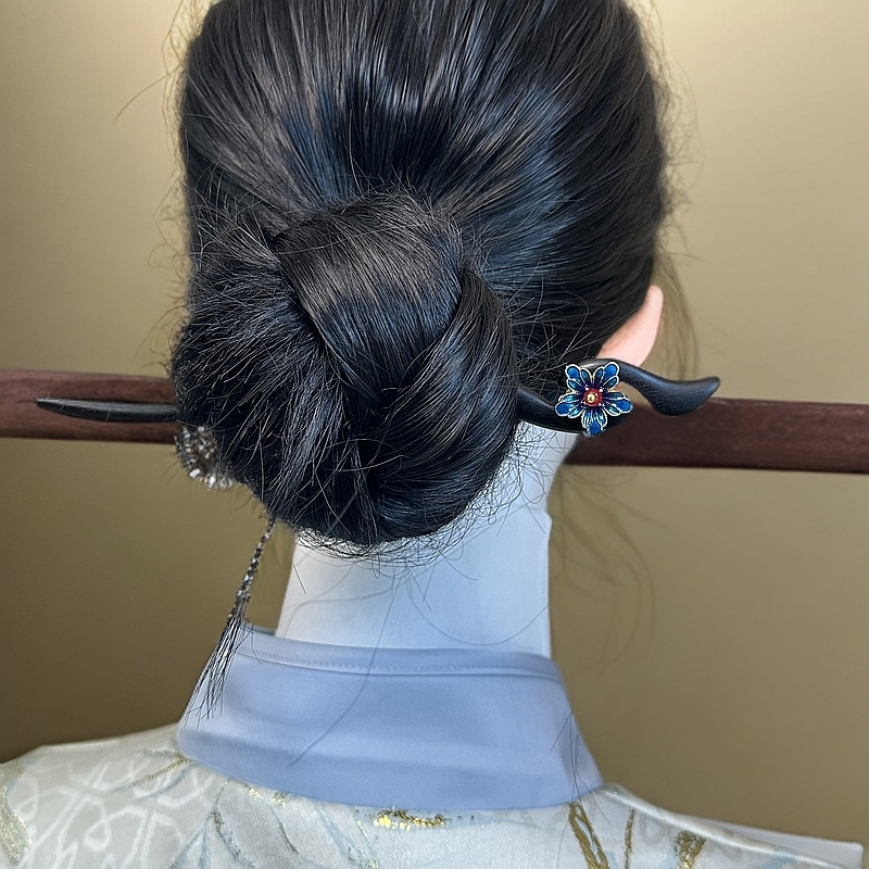 F069滴油旋转花蕊檀木手工发簪18公分双面日常简约气质发簪子