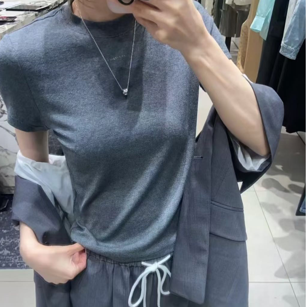 设计师品牌~2025年夏季新款圆领简约纯色修身套头短袖T恤