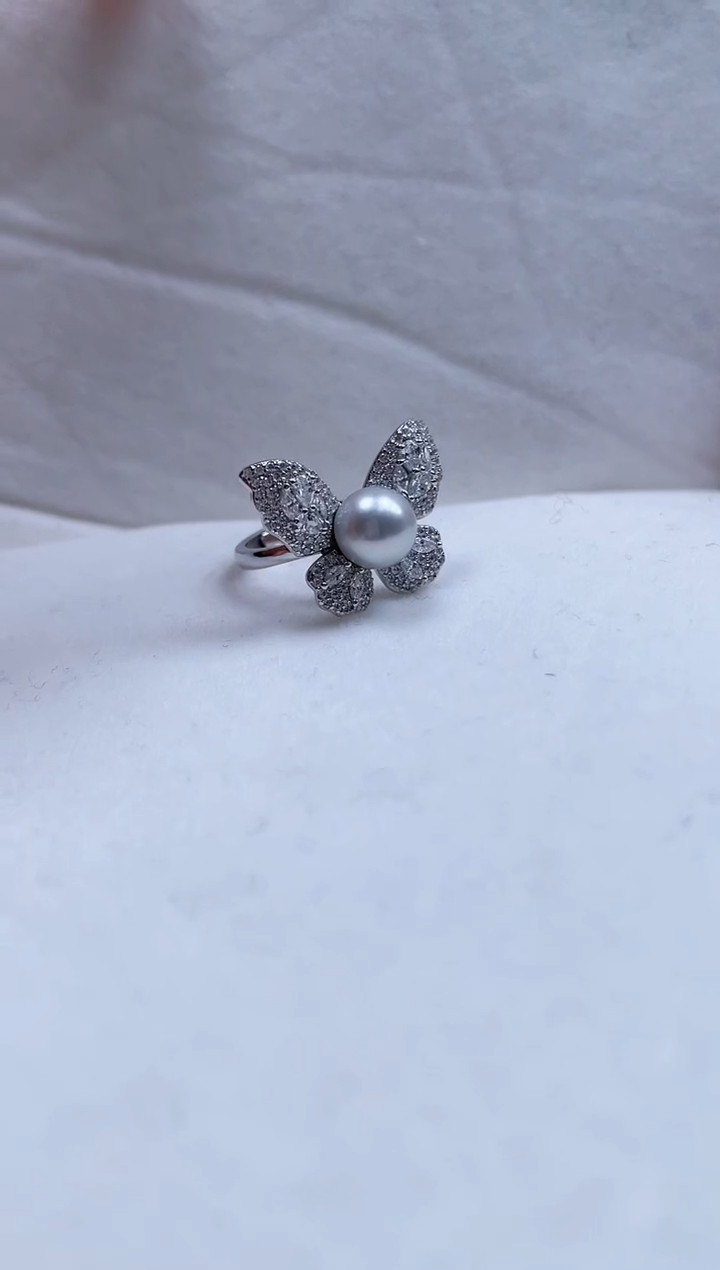 【闪购商品】海水珍珠戒指银S925镶嵌海水珍珠开口银戒蝴蝶款