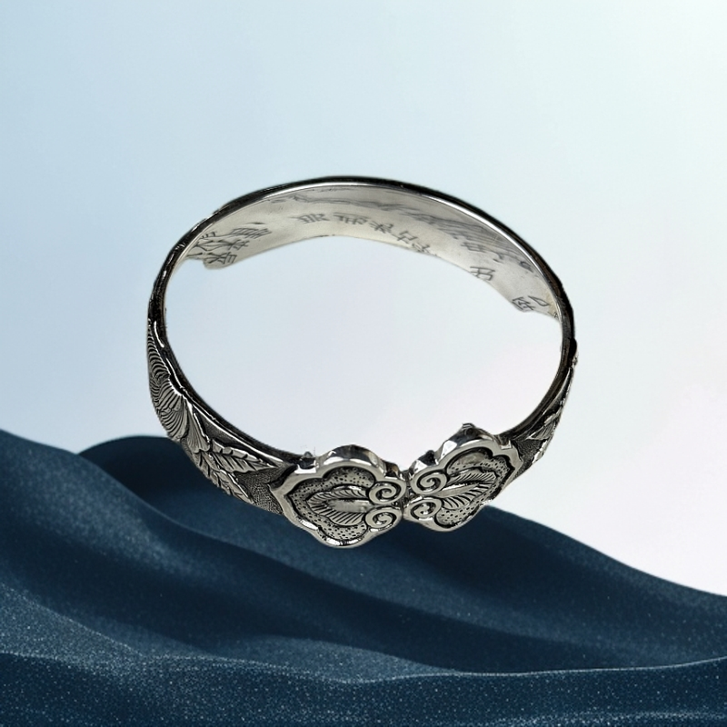 足银手镯 牡丹花高浮雕【双十一】熏色如意镯纯手工礼品复古风C18