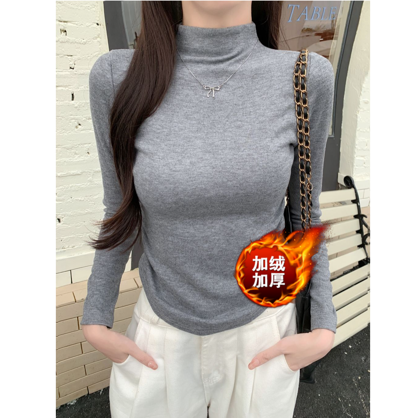 加绒加厚半高领抽褶打底衫女秋冬新款辣妹正肩T恤