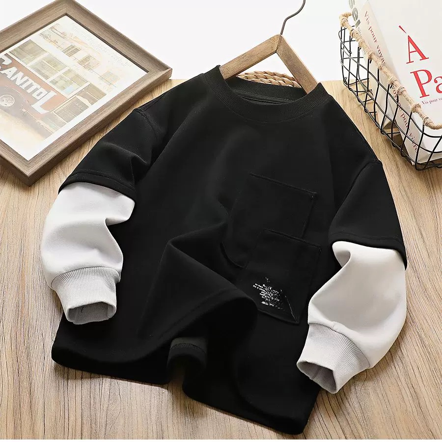 A068美式复古拼接假两件套T恤男童中大童