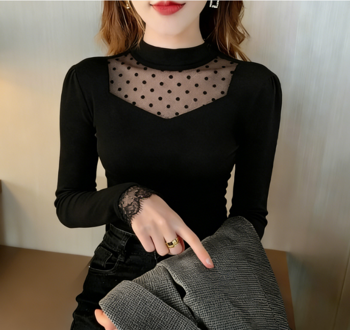 2025秋冬气质长袖内搭蕾丝拼接波点性感风百搭显瘦打底T恤0079